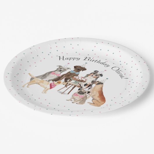 Aquareller Hund Happy Birthday Papierplatte Pappteller (Schrägansicht)