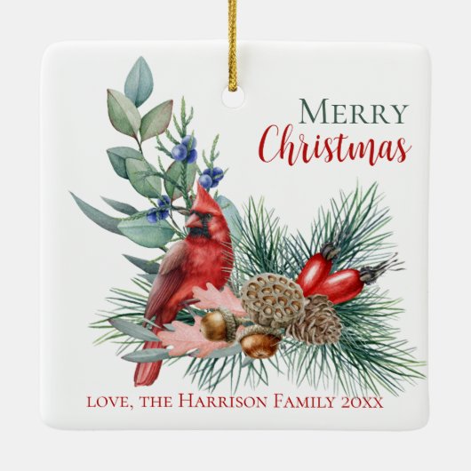 Aquareller Kardinal Frohe Weihnachtsfeier Keramikornament (Rückseite)