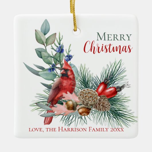 Aquareller Kardinal Frohe Weihnachtsfeier Keramikornament (Vorderseite)