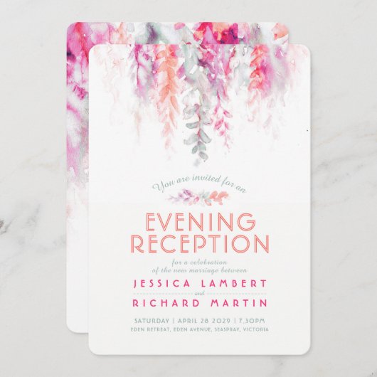 Aquareller Korallenkoralle Rosa grüner Abend Empfa Einladung (Vorne/Hinten)