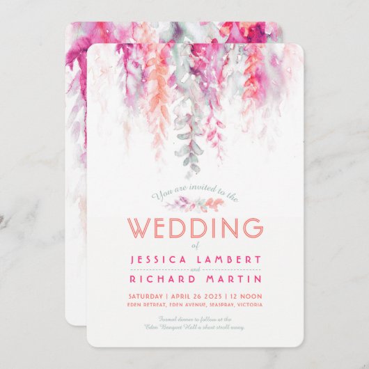 Aquareller Korallenkoralle Rosa Hochzeit Einladung (Vorne/Hinten)