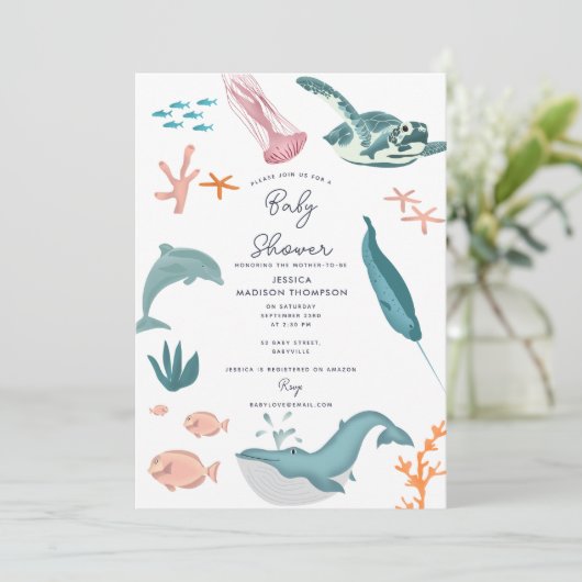 Aquareller Meerestiere Kinderdusche Einladung (Stehend Vorderseite)