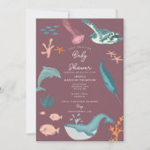Aquareller Meerestiere Rosa Babydusche Einladung (Vorderseite)