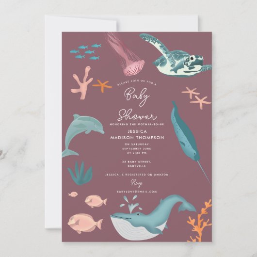 Aquareller Meerestiere Rosa Babydusche Einladung (Vorderseite)