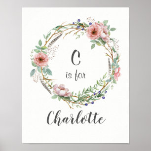 Aquareller mit rosa Blume und Federn Poster