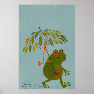 Aquareller, moderner grüner Frosch und Blätter (Re Poster