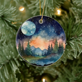Aquareller Nachthemd im Wald mit Vollmond Keramik Ornament