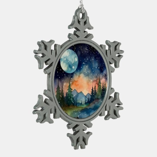 Aquareller Nachthemd im Wald mit Vollmond Schneeflocken Zinn-Ornament (Links)