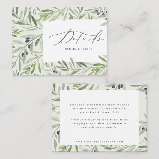 Aquareller Olivenoel elegante Hochzeitsdetails Mitteilungskarte (Vorne/Hinten)