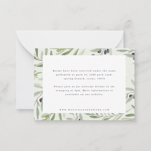 Aquareller Olivenoel elegante Hochzeitsdetails Mitteilungskarte (Rückseite)
