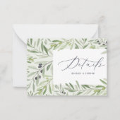 Aquareller Olivenoel elegante Hochzeitsdetails Mitteilungskarte (Vorderseite)