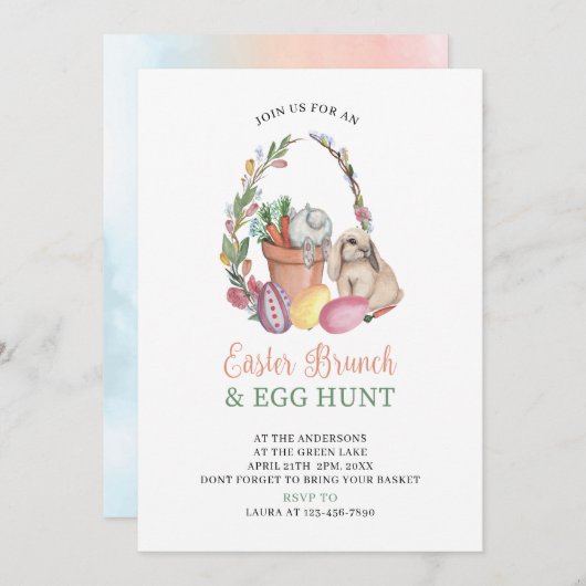 Aquareller Osterbrunch und Eierjagdkaninchen Einladung (Vorne/Hinten)