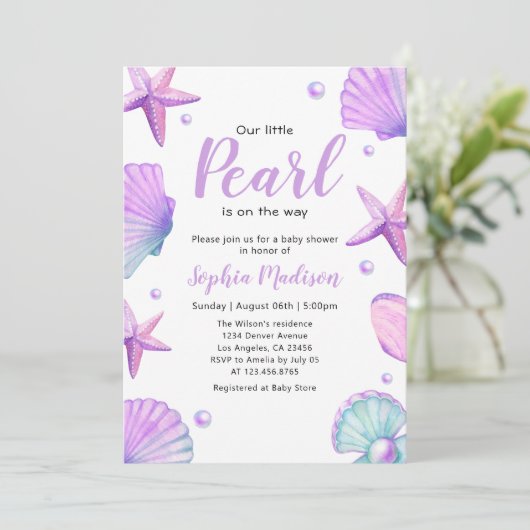 Aquareller Ozean Kleine Pearl Baby Dusche Einladung (Stehend Vorderseite)
