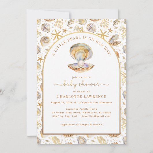 Aquareller Ozean Kleine Pearl Baby Dusche Einladung (Vorderseite)