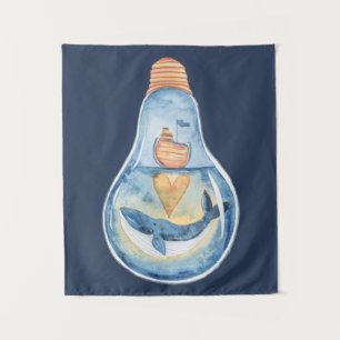 Aquareller-Ozean-Szene in Glühbirnen Whale-Boot Wandteppich