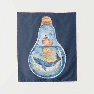 Aquareller-Ozean-Szene in Glühbirnen Whale-Boot Wandteppich