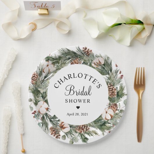 Aquareller Pine & Winter Greenery Brautparty Pappteller (Hochzeit)