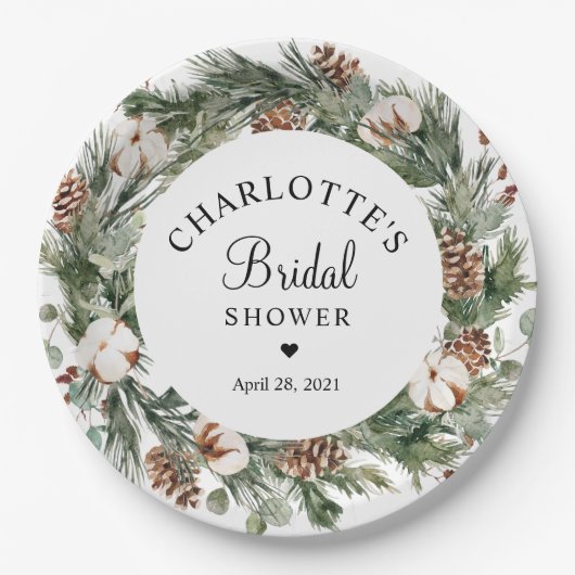 Aquareller Pine & Winter Greenery Brautparty Pappteller (Vorderseite)