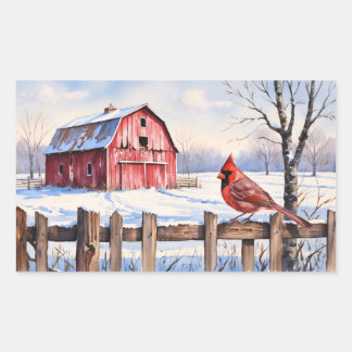 Aquareller Roter Stall und Kardinal Winter Rechteckiger Aufkleber