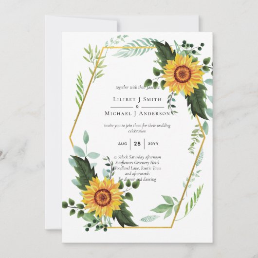 Aquareller-Sonnenblumen Grünpflanzen Rustikale Hoc Einladung (Vorderseite)