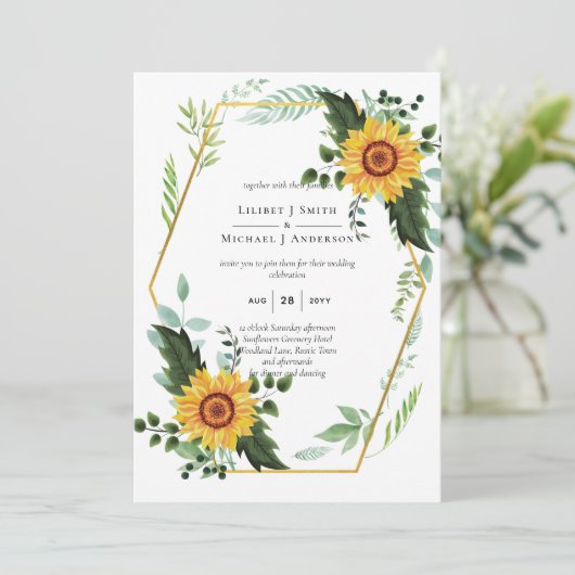 Aquareller-Sonnenblumen Grünpflanzen Rustikale Hoc Einladung (Stehend Vorderseite)