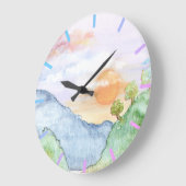 Aquareller Sonnenuntergang über Berge und Bäume Große Wanduhr (Winkel)