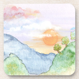 Aquareller Sonnenuntergang über Gebirge und Bäume Getränkeuntersetzer