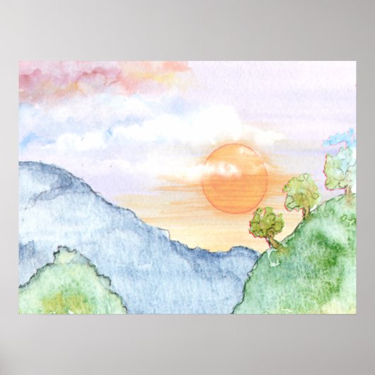 Aquareller Sonnenuntergang über Gebirge und Bäume Poster (Vorne)