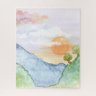 Aquareller Sonnenuntergang über Gebirge und Bäume Puzzle