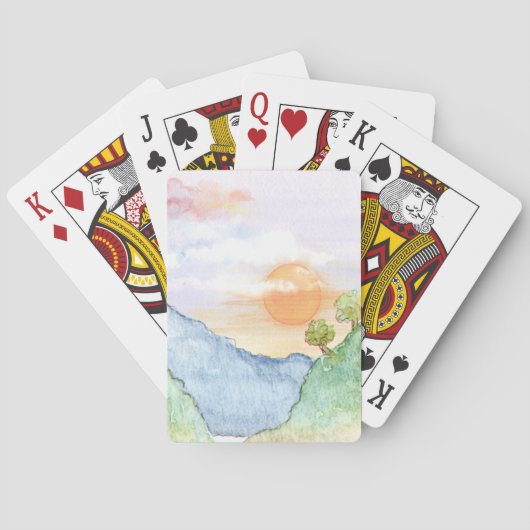 Aquareller Sonnenuntergang über Gebirge und Bäume Spielkarten (Rückseite)