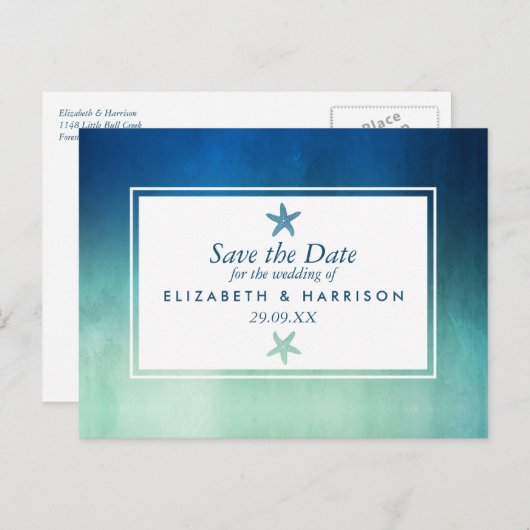 Aquareller Starfish Beach Save the Date Postkarte (Vorne/Hinten)