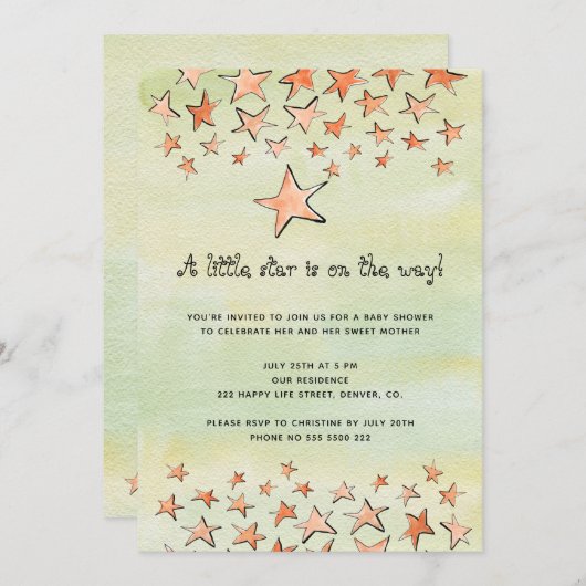 Aquareller Stern auf dem Weg Babydusche Einladung (Vorne/Hinten)