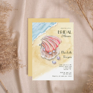 Aquareller Strand mit Muscheln und Perlen Brautpar Einladung
