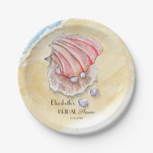 Aquareller Strand mit Muscheln und Perlen Brautpar Pappteller (Vorderseite)