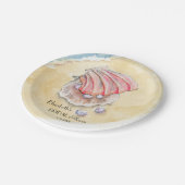 Aquareller Strand mit Muscheln und Perlen Brautpar Pappteller (Schrägansicht)