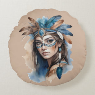 Aquareller Tribal Beauty: Geist der Bohemischen Ku Rundes Kissen