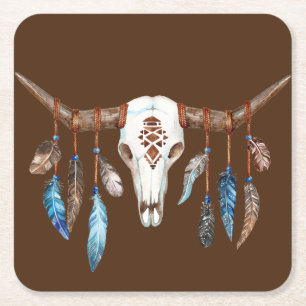 Aquareller Western Schädel mit Federn Rechteckiger Pappuntersetzer