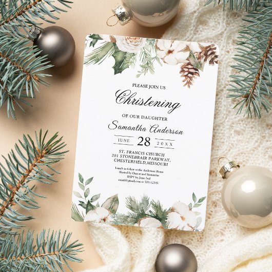 Aquareller Winter Grüne Pine Tree & Weiße Blume Einladung