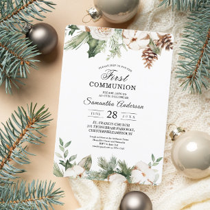 Aquareller Winter Grüne Pine Tree & Weiße Blume Einladung