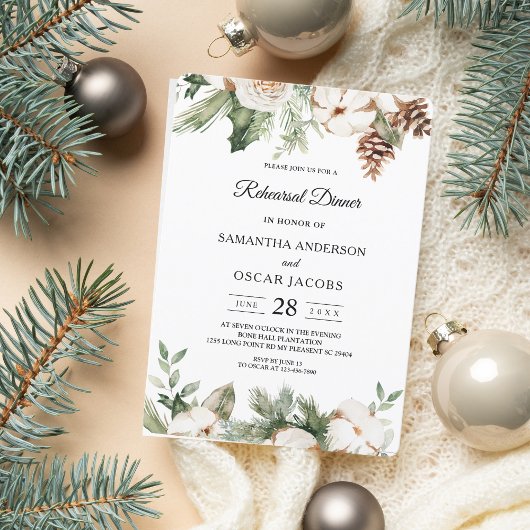 Aquareller Winter Grüne Pine Tree & Weiße Blume Einladung