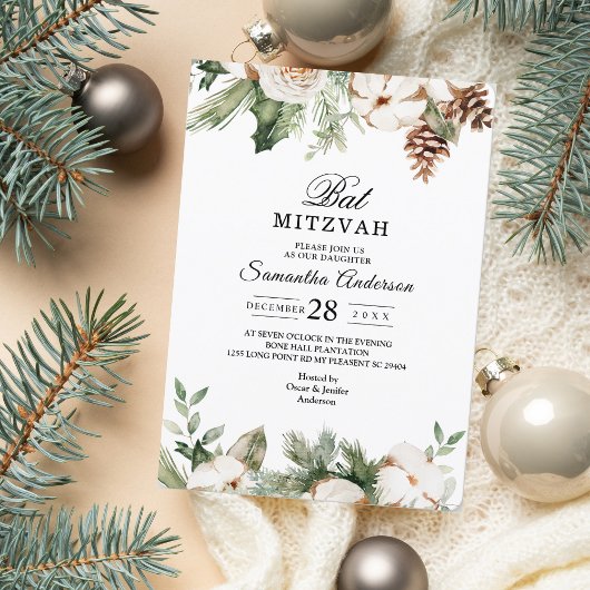 Aquareller Winter Grüne Pine Tree & Weiße Blume Einladung