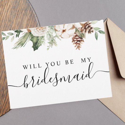 Aquareller Winter Grüne Pine Tree & Weiße Blume Einladungspostkarte