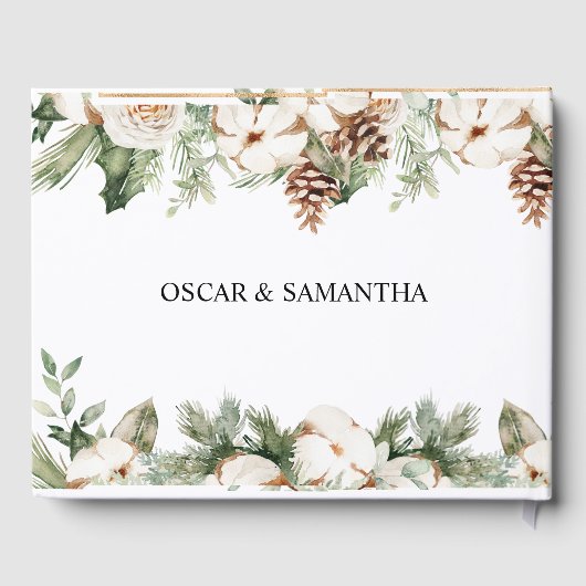 Aquareller Winter Grüne Pine Tree & Weiße Blume Gästebuch (Rückseite)