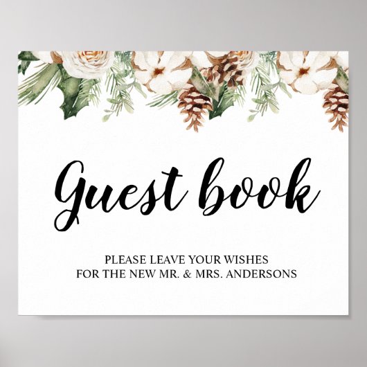 Aquareller Winter Grüne Pine Tree & Weiße Blume Poster (Vorne)