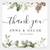 Aquareller Winter Grüne Pine Tree & Weiße Blume Quadratischer Aufkleber (Vorderseite)