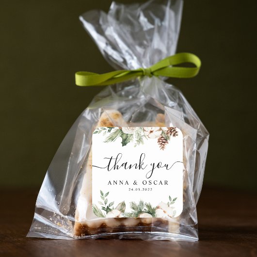 Aquareller Winter Grüne Pine Tree & Weiße Blume Quadratischer Aufkleber