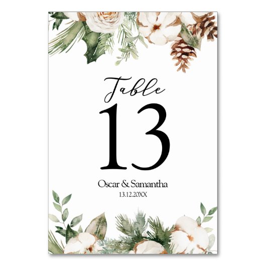 Aquareller Winter Grüne Pine Tree & Weiße Blume Tischnummer (Vorderseite)