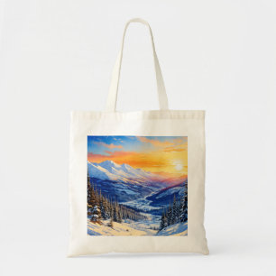 Aquareller Winter Morgen, Sonnenaufgang, blauer Hi Tragetasche