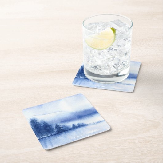 Aquareller Winter Pine Trees auf Wiederverwendbar Rechteckiger Pappuntersetzer (Vor Ort)