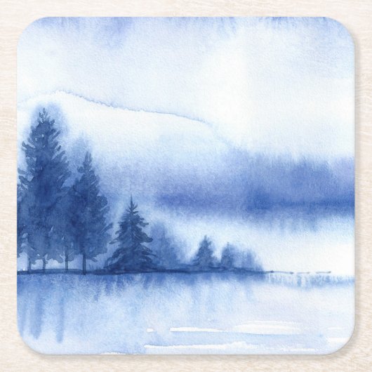 Aquareller Winter Pine Trees auf Wiederverwendbar Rechteckiger Pappuntersetzer (Vorderseite)